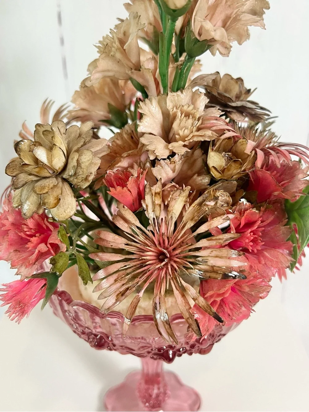 Vintage Fenton Pink Glass Compote with Mid Century Plastic Floral Arrangement